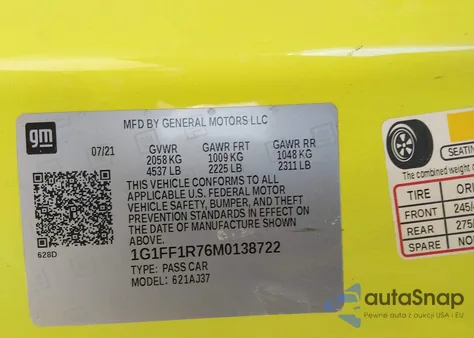 2021 Chevrolet Camaro z USA, uszkodzony, nr VIN 1G1FF1R76M0138722